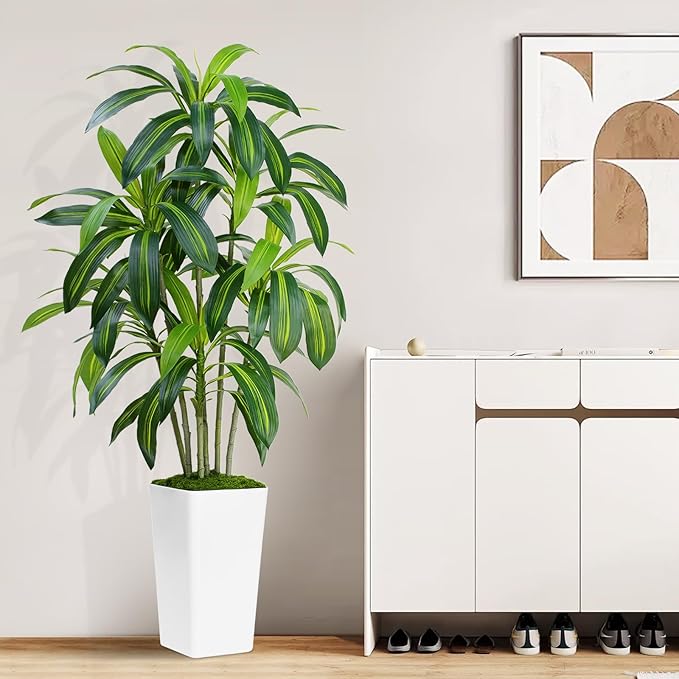 Dracaena Plant Artificial Tree 5Ft Tall Fake Tropical Floor Plants Potted Artificial Silk Tree Leaf Faux Trees White Tall Planter for Home Office Living Room Indoor Outdoor Decor