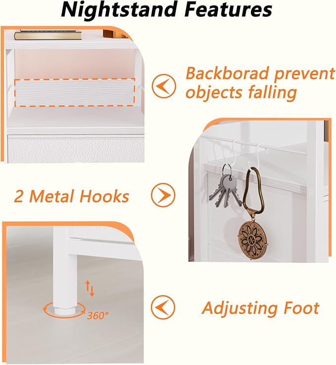 Furologee Nightstand with 2 Fabric Drawers, White Bedside Table with 2-Tier Shelf, Side Table with Hooks and Wood Top for Bedroom/Living Room/Hallway/White