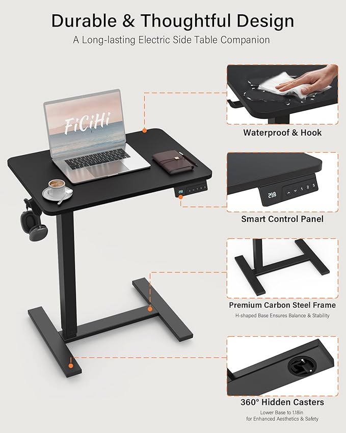 Mobile Standing Desk with Wheels - Electric Height Adjustable Small Movable Laptop Desk, Portable Rolling Computer Sit Stand Side Table for Home Office, Sofa&Bedside Use (23.6",Black)