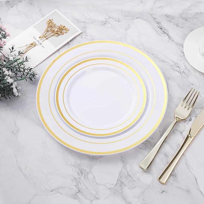 100PCS Gold Plastic Plate, Disposable Party Plates with 50 Dinner Plates and 50 Dessert Plates, Plastic Plate for Parties, Wedding and Birthday