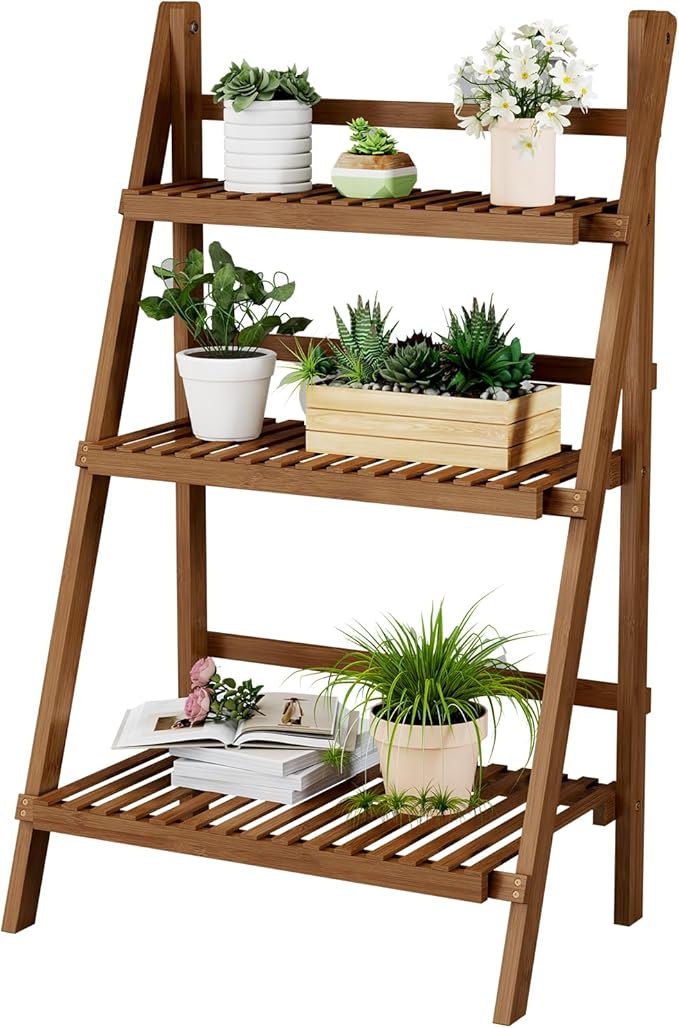 Bamboo Ladder Shelf Plant Shelf, 3 Tier Foldable Ladder Flower Pot Display Shelf Rack, Freestanding Ladder Bookshelf for Garden, Balcony, Yard, Patio, Lawn, Living Room, 23.6"W x 15"D x 39.4"H, Walnut