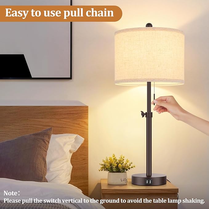 Modern Brown Table Lamps Set of 2, 23’’-30’’ Adjustable Bedroom Lamps with 2 USB Ports, Living Room Lamp Set with Cream Linen Shade, Industrial Desk Lamp for Nightstand End Table Home Office Reading