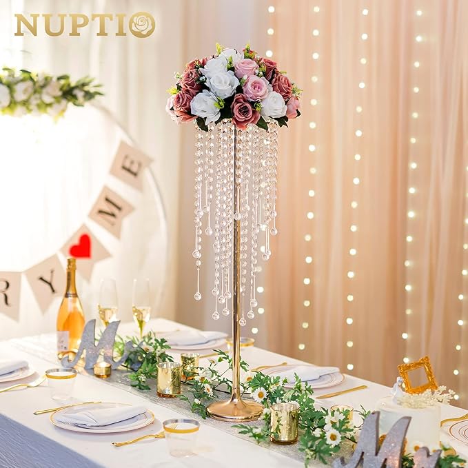 NUPTIO Gold Vases for Weddings - 10 Pcs 29.5in Tall Crystal Flower Stand Centerpieces