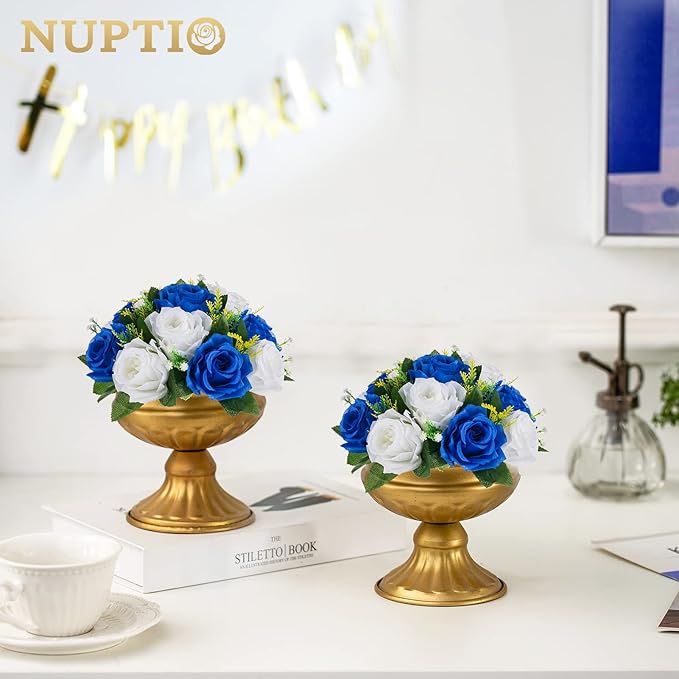 NUPTIO Flower Ball Arrangement Bouquet - 2 Pcs 9.5 inch Diameter Royal Blue Fake Artificial Roses Arrangements for Wedding Tables Centerpieces Decorations