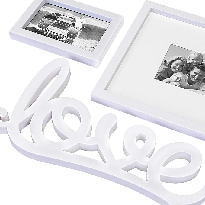 J.M.Deco Vintage Picture Frames 7 Pack in Love Shape Heart Photo College Frames, Family Lovere Valentine Picture Frames 4''x4'' / 4''x6''/ 5''x7''/ 5''x8'' Photo Frames Set | White