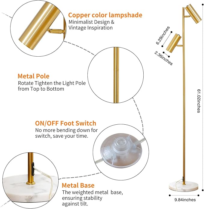 Hsyile Lighting KU300211 Cozy Elegant Modern Creative Bedroom & Living Room Floor Lamp,Tall Pole Uplight for Office - Brass Finish - Adjustable Tree Floor Lamp with 2 Lights