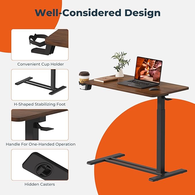 Medical Overbed Adjustable Bedside Table with Hidden Casters, Pneumatic Mobile Rolling Laptop Standing Desk with Tray for Home and Hospital Use, Mahogany