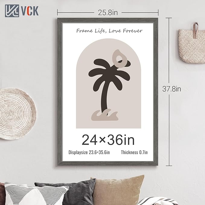 VCK 24x36 Poster Frame 5 Pack, Gray Solid Wood Picture Frame, Exclusive Wood Grain, Wall Mounting Hanging
