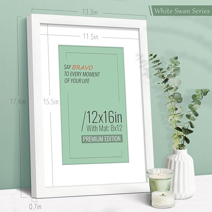 VCK 12x16 Picture Frame Set of 2 - White, Matted to 8x12 or 12x16 without Mat, Textured Exclusive Wooden Photo Frames with HD Glass, Wall Hanging