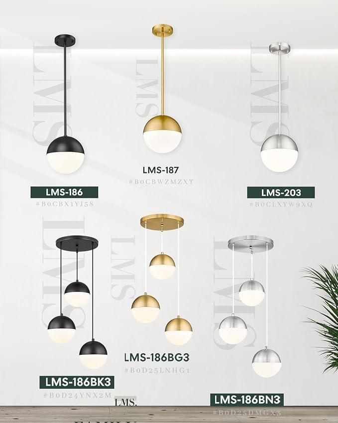 LMS Farmhouse Pendant Light Fixtures, Brushed Nickel Pendant Light with Globe Glass, Adjustable Hanging Lighting for Kitchen Island, Bedroom, Bathroom, LMS-203