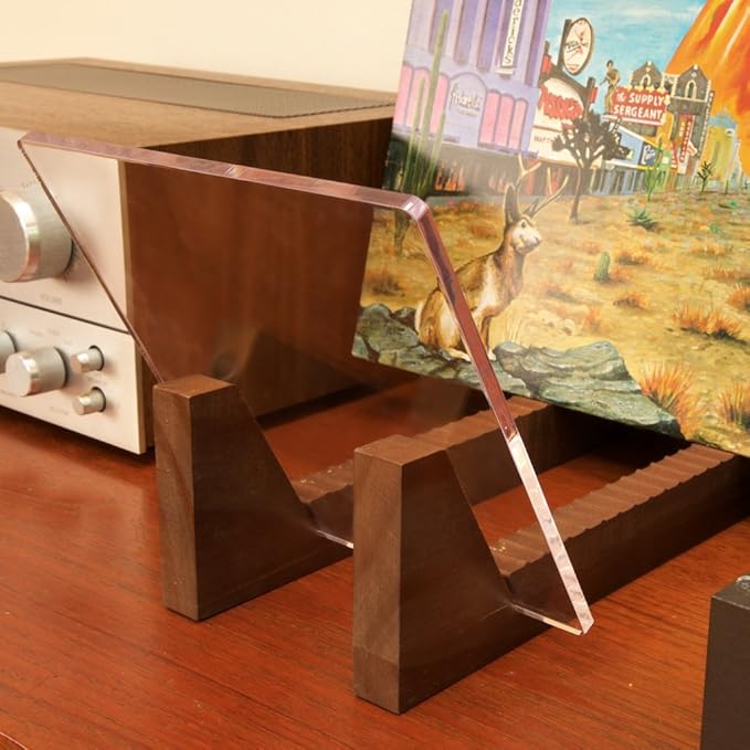 KAIU Vinyl Record Storage Holder - Solid Wood with Crystal Clear Acrylic Holder - Premium Design, Perfect 12" LPs or 7" Singles Display Unit - Stores and Supports up to 50 Albums (Vintage Brown)