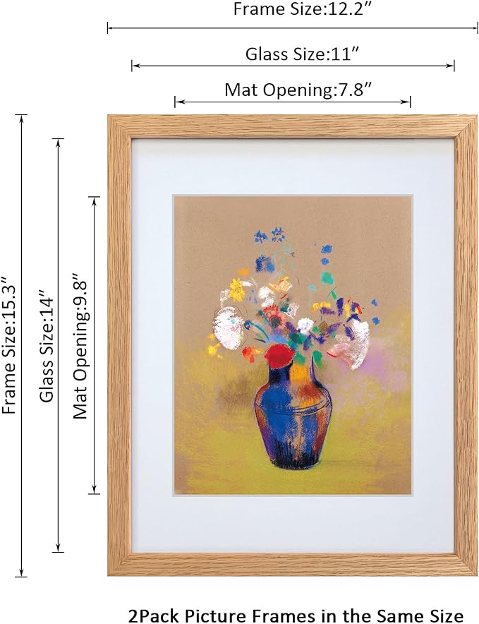 11x14 Picture Frame Set of 2 OAK Solid Wood with Real Glass for Pictures 8x10 with Mat or 11x14 Without Mat, Wall Mount or Tabletop Gallery Photo Frames(2 Pack, Oak)