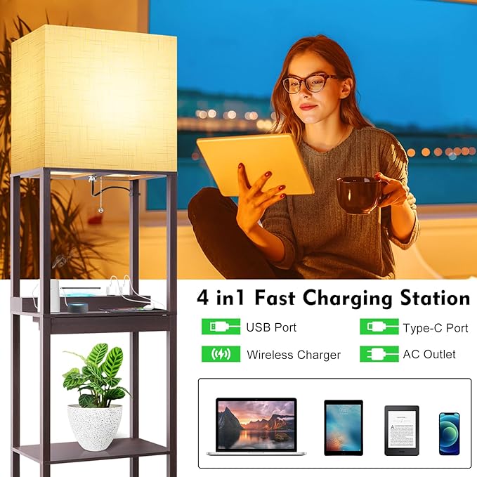 RUNTOP Floor Lamp with Shelves, Modern Standing Lamp with Wireless Charger, 1 Drawer and 2 USB Ports & 2 Power Outlet, 15W LED Bulb 3 Colors, Memory Function, Shelf Lamp for Living Room and Bedroom