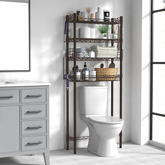 4-Tier Over Toilet Storage Shelf, Bathroom Organizer With Adjustable Freestanding Shelves, Space Saver Rack Above Toilet, Espresso