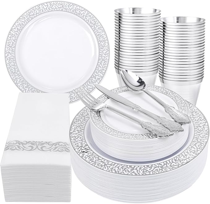 Festiva 350PCS Silver Plastic Dinnerware Set - Disposable Lace Silver Plates and Napkins Party Supplies - include plates,napkins,cups,silverware - Serve for 50 Guests Party&Wedding