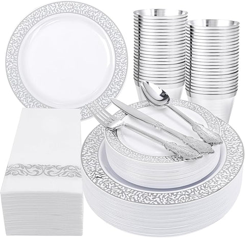 Festiva 350PCS Silver Plastic Dinnerware Set - Disposable Lace Silver Plates and Napkins Party Supplies - include plates,napkins,cups,silverware - Serve for 50 Guests Party&Wedding