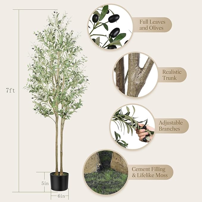 Artificial Olive Tree 7FT Tall Faux Silk Plant(84" in), Indoor Fake Olive Tree with Natural Wood Trunk & Lifelike Fruits, Perfect for Modern Home Office Living Room Floor Decor, 7 FT