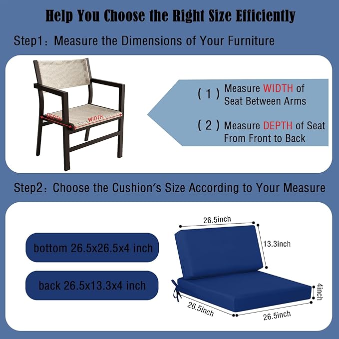 idee-home Outdoor Cushions for Patio Furniture, Outdoor Seat Cushion, Waterproof Couch Hampton Bay Deep Seat Replacement Chair Cushions for Garden Lawn Backyard Deck, 26.5 x 26.5 Navy Bue