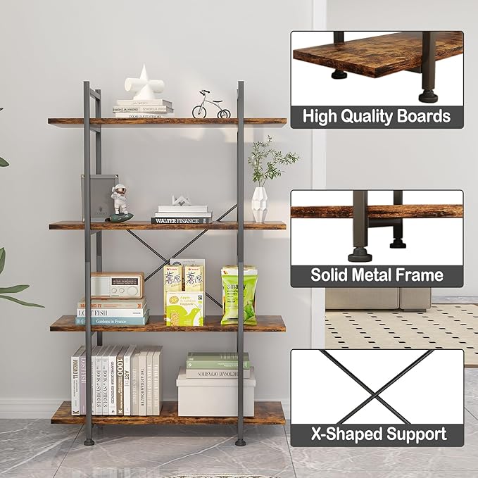 4 Tiers Bookshelf Rustic Brown Wooden Storage Shelf, Industrial Shelf Book Organizer,Modern Open Display Storage Bookcase,Metal Bookshelf Standing Tall Shelving Units for Home Office Study.
