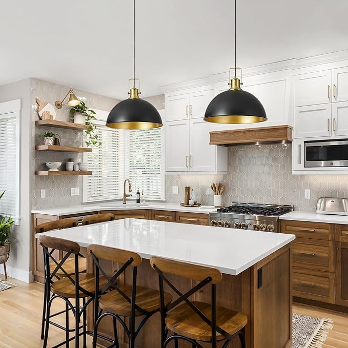 18 Inch Black Farmhouse Pendant Lights for Kitchen Island Industrial Pendant Lighting Adjustable Height Vintage Dome Hanging Light Fixtures for Barn, Dining Room