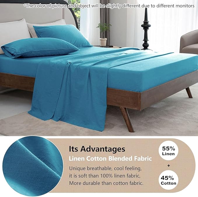 Talasily Linen Sheets-Queen Size Sheets Set,Blend from Linen Cotton Bedsheets,All Seasons Soft Breathable 4 Piece Set-Blue