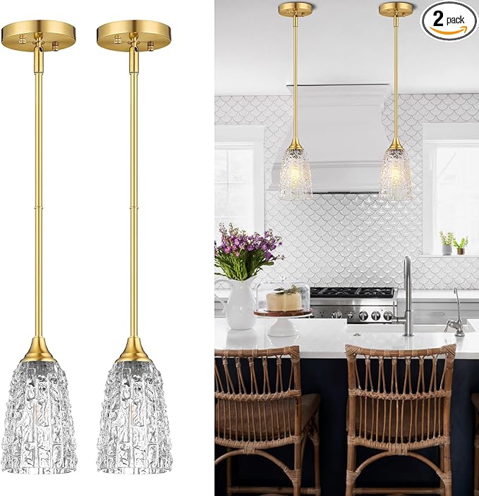 Brushed Gold Pendant Lights Kitchen Island 2 Pack, Glass Pendant Light Fixtures with Hammered Glass and Rods, Modern Farmhouse Brass Hanging Light for Kitchen Sink Dining Room Bedroom, E26