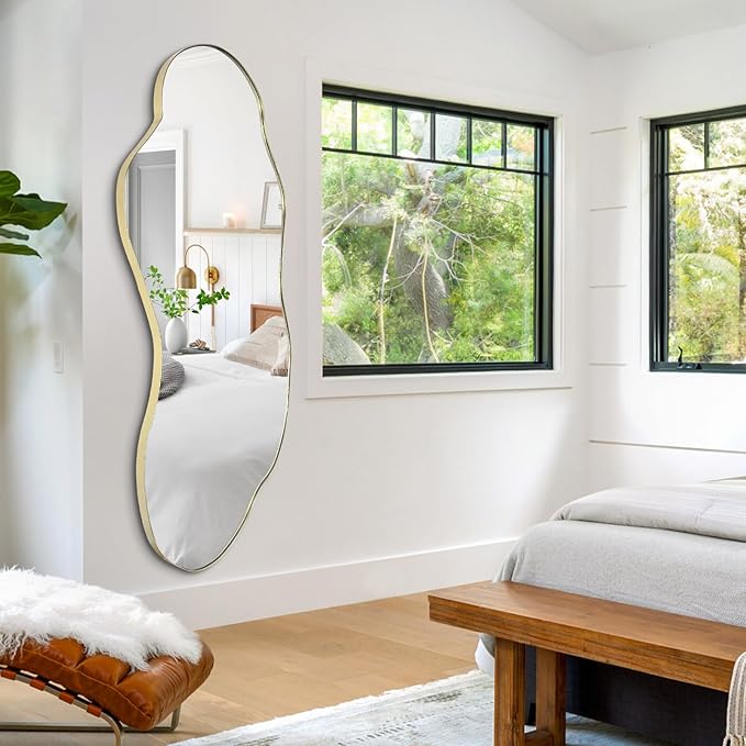 Large Irregular Mirror, 63"x27.2" Asymmetrical Wall Mirrors, Wavy Shaped Mirror Full Length, Modern Unique Mirrors for Living Room Bathroom Bedroom Hallway Entryway Fireplace