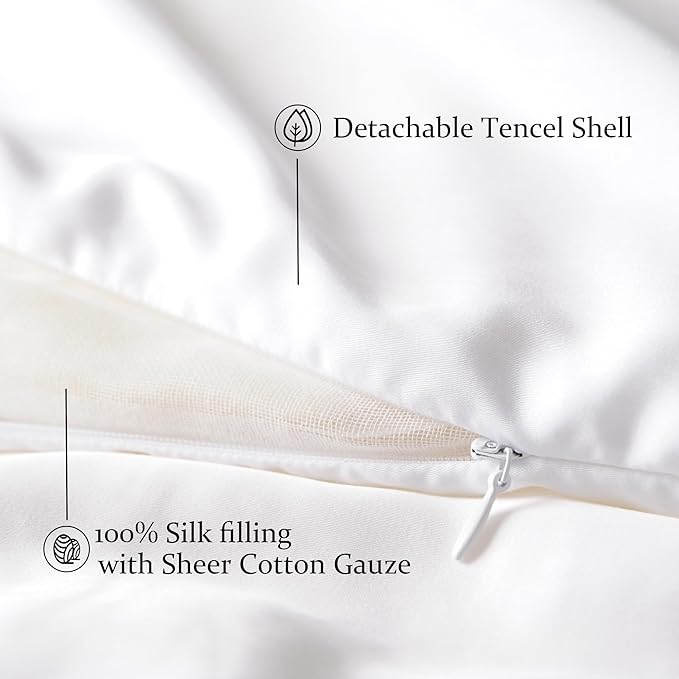 CUDDLE DREAMS Lightweight Silk Filled Comforter for Summer, Detachable Tencel Duvet Cover for Easy Care, Naturally Breathable (White, King)