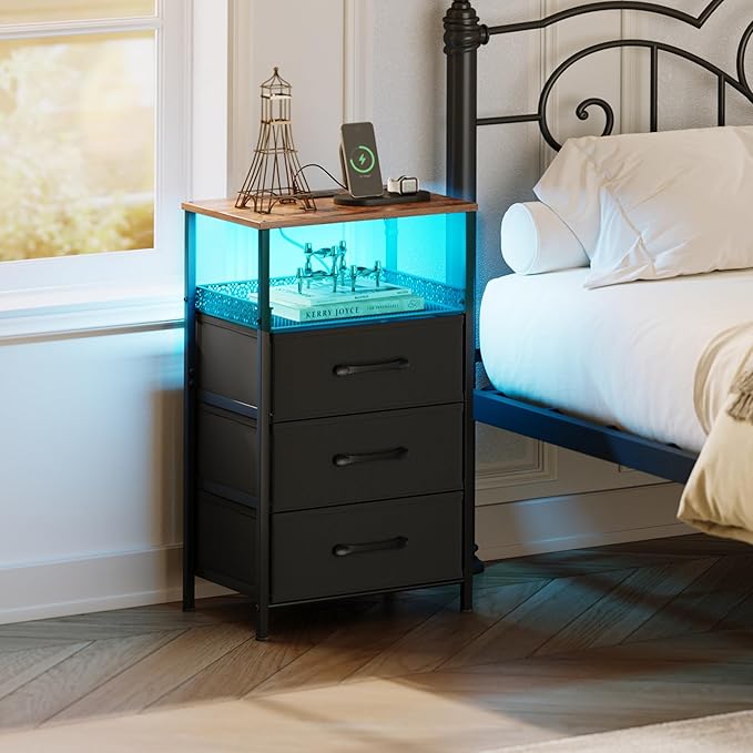 Night Stand Set 2 with Charging Station, 3 Drawer Nightstands with LED Lights, End Table with Outlets and USB Ports, Side Table with Open Shelf, Bedside Tables for Bedroom, Rustic Brown