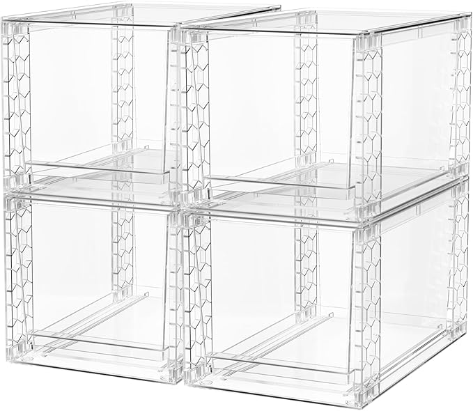 A-LuGei 【𝟰𝗣𝗖𝗦】 Acrylic Stackable Storage Drawers, 11.8" L Makeup Organizer, Bathroom Organizer and Storage, Plastic Storage Bins for Kitchen Cabinet Pantry Medicine Fridge