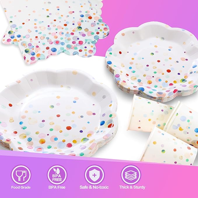 200PCS Confetti Plates Disposable Tableware Set - 50 Large & Small Colorful Polka Dot Plates, 50 Paper Cups, 50 Napkins - Perfect for Birthday Parties