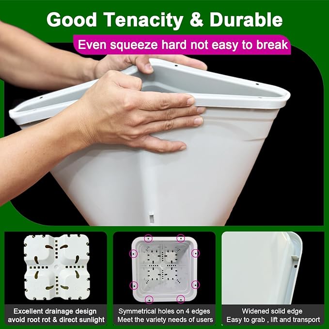 HG9X9SW 9"x9" White，10" Tall, Pack of 24 Square Pot.Plastic Square Nursery Pots,Light Tight and Durable Thickened