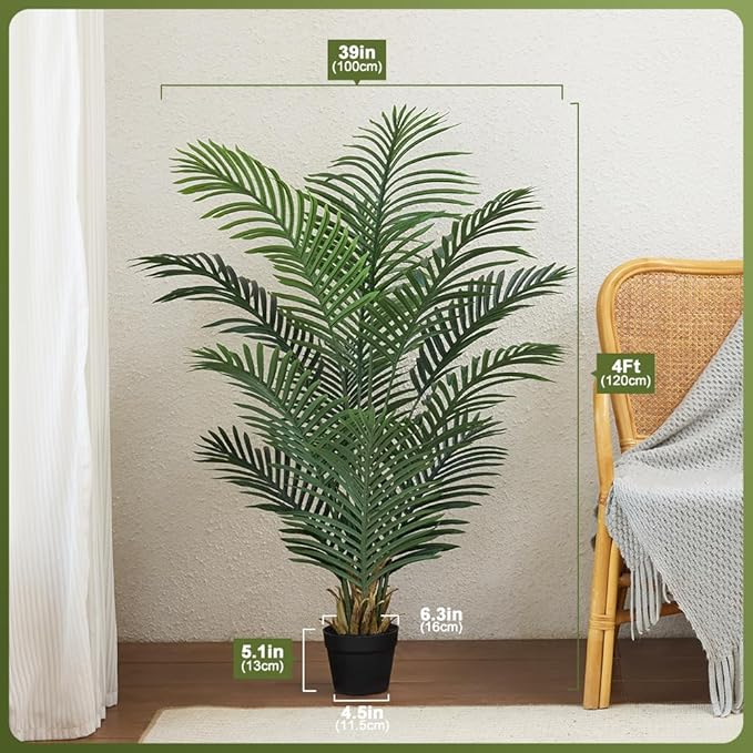 Artificial Palm Tree, 4FT Tall Fake Palm Trees with UV Resistant Leaves, Potted Faux Areca Palm Plant for Indoor Outdoor, Large Floor Plants for Home Living Room Porch Decor, VN125