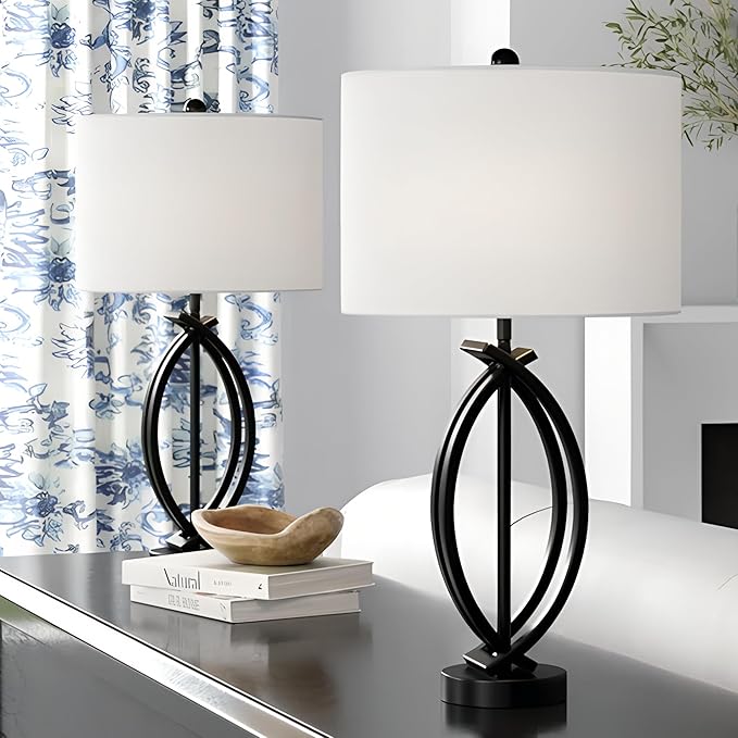 26" Industrial Table Lamps Set of 2, 3-Way Dimmable Farmhouse Nightstand Lamps Black Metal Bedside Lamps with White Shade for Living Room Bedroom, End Table Desk Lamp for Home Office
