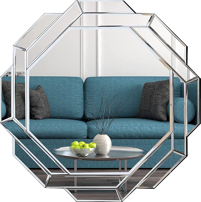 Hlartdecor Helicoid Frameless Beveled Wall Decorating Mirror (31.5X31.5inches). Silver Polished HFY Hexagon Decorative Mirror.