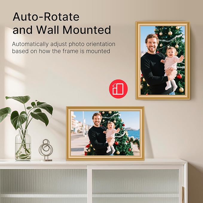 Frameo 10.1 Inch WiFi Digital Picture Frame, 1280x800 HD IPS Touch Screen Photo Frame Electronic, 32GB Storage, Auto-Rotate, Wall Mounted, Share Photos/Videos Instantly from Anywhere - Gold