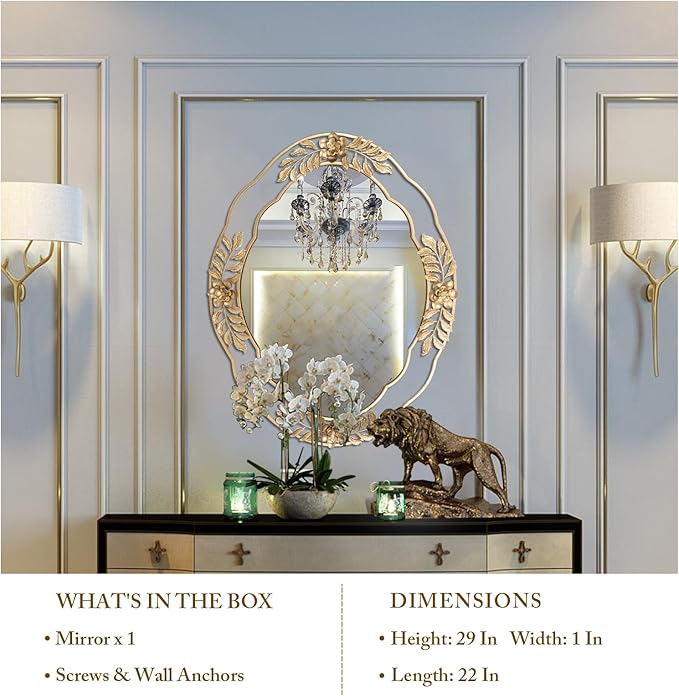 Gold Mirrors for Wall, 22"x29" Oval Metal Frame Decorative Mirror, Chic Floral Ornate Hanging Vanity Mirror for Dresser, Bathroom, Mantel,Entryway