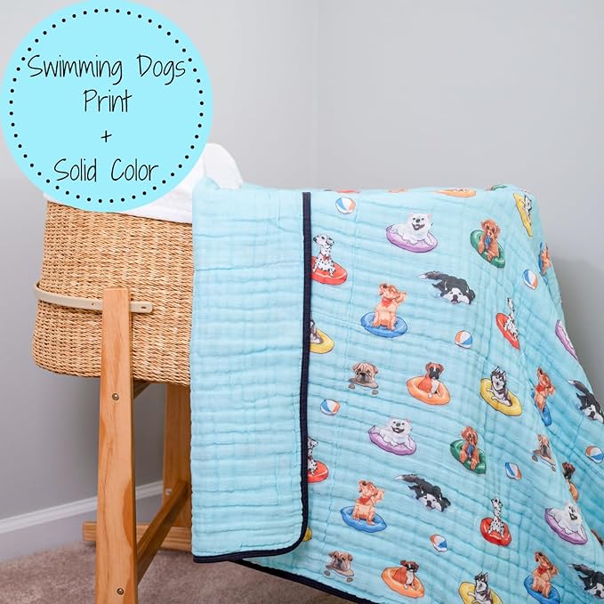 LollyBanks Muslin Blanket 100% Organic Cotton, Summer Muslin Quilt Lightweight, 6 Layers Baby Blankets 47"x 47", Toddler Blanket for Boy and Girl, Nursery Receiving Blankets (Swimming Dogs Print)