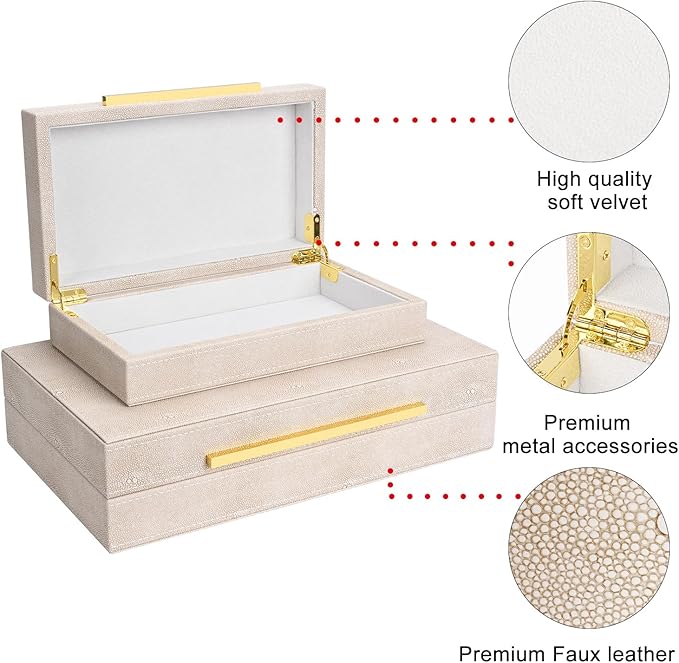 Ivory Shagreen box Set of 2 Faux Leather Decorative Boxes,Large Nesting Storage Decorative Boxes with Lids for Modern Home Decor Stacking Jewelry Box Organizer