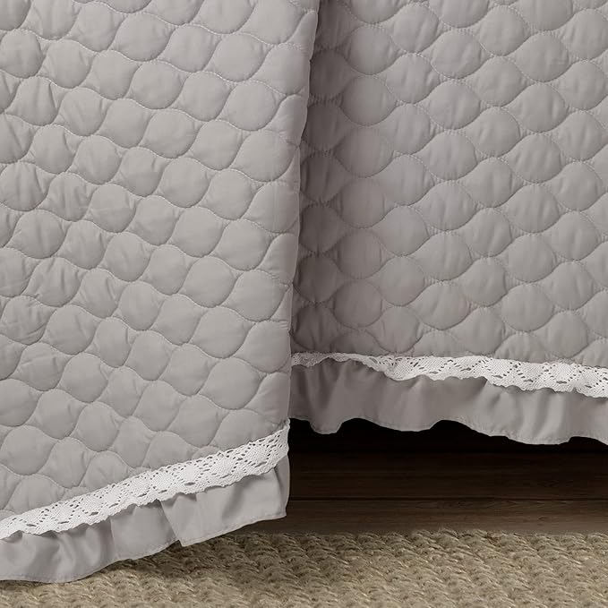 Lush Decor Ella Ruffle Lace Quilt, 3 Piece Set, Full/Queen, Light Gray - Cute Comforter - Queen Bedding Set - Gray Bedding Full Size - Coquette Decor - Ruffle Trim - Lace Trim