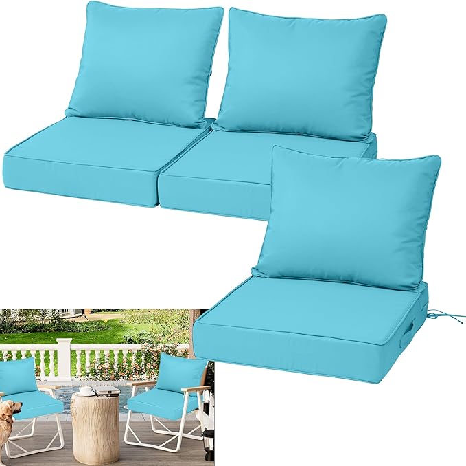 Waterproof Outdoor Chair Cushion Set of 3, 24x24x5 IN Deep Seat Patio Cushions with Fade Resistant Removable Cover,Outdoor Cushions for Patio Furniture with Ties&Handle for Chair Sofa Couch,Lake Blue