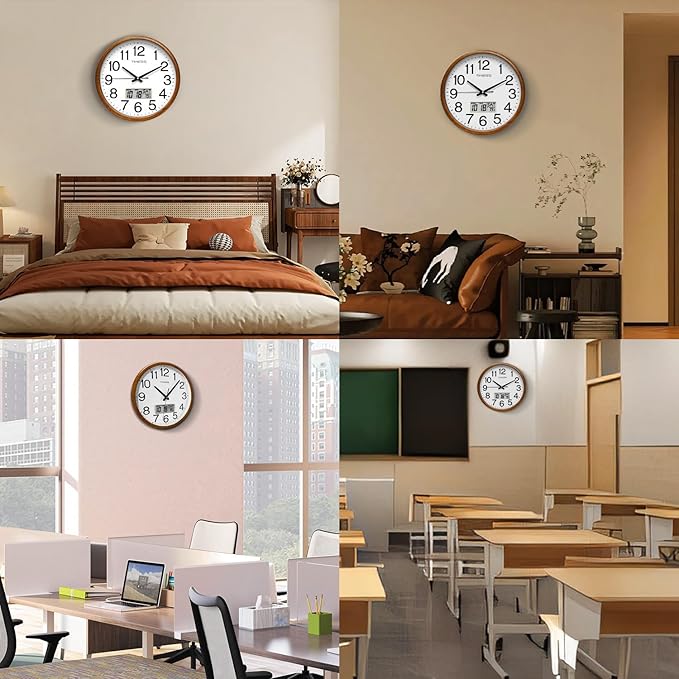 Wall Clock, Classic Wood Style Finish, 13 Inch Non-Ticking Silent Battery Operated Quartz Analog with Perpetual Calendar and F° Temperature Display, Home, Office Décor (Chestnut Yellow)