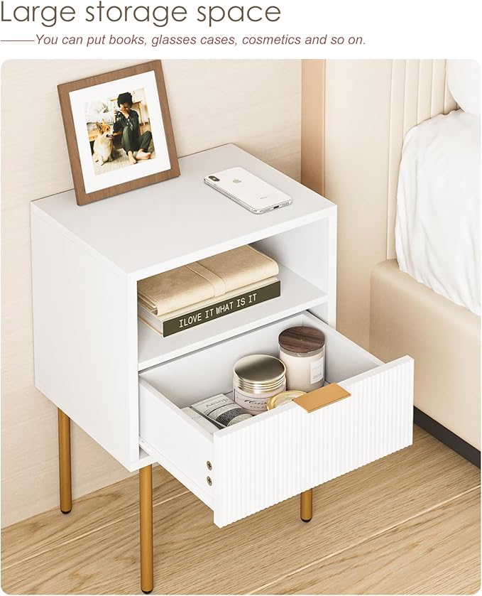 Nightstand,Morden Bedside Table with Gold Frame,Small White Night Stand,End Table,Bedside Furniture,Side Table with Drawer and Shelf for Bedroom,Living Room (1Drawer, White)