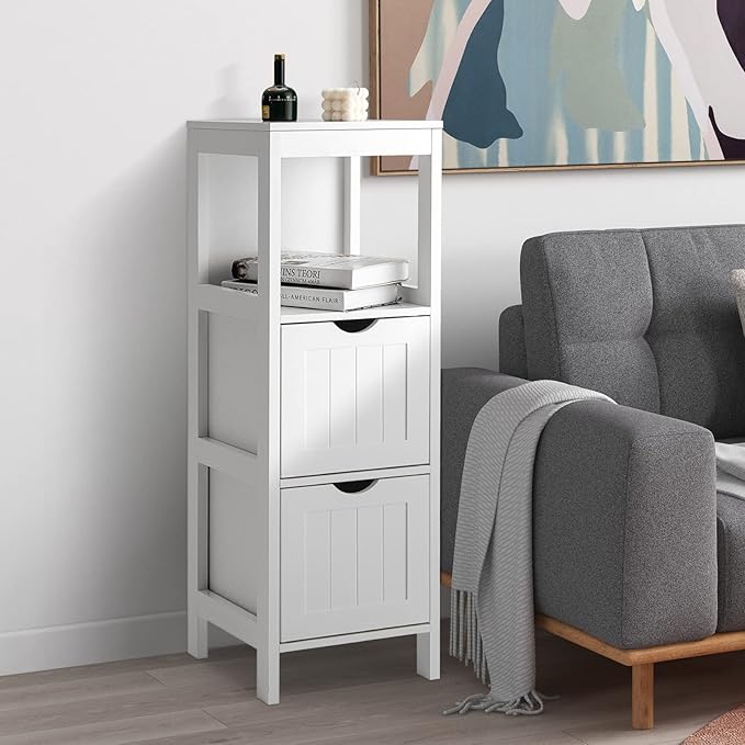 Tangkula Small Bathroom Storage Cabinet with 2 Removable Drawers, Wood Freestanding Floor Cabinet for Bathroom, Anti-Tipping Device, Side Corner Cabinet for Small Spaces (White)