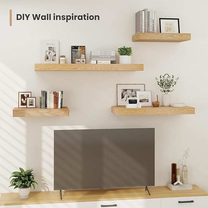 Heimlove 12 Inch Deep Floating Shelves, 48 x 12 inches Long Wall Shelf, Large Display Shelf & Storage Shelf, Rustic Wood Wall Shelves for Fireplace Mantel, Set of 2(Oak)