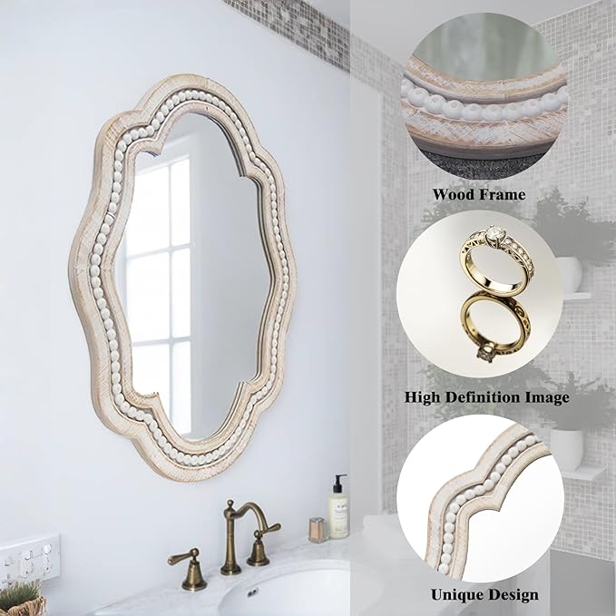 Decorative Bathroom Mirror with Elegant Scalloped Design, Stylish Wall Mirror, White Trim Wood Beaded Accent, Vintage Mirror for Bathroom, Entryway, or Bedroom