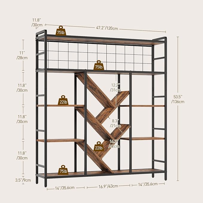 Triple 5-Tier Bookshelf, Industrial Large Bookcase with 14 Open Display Shelves, Modern Tree Bookcase with Metal Frame and Hanging Function for Living Room, Home Office, Rustic Brown and Black