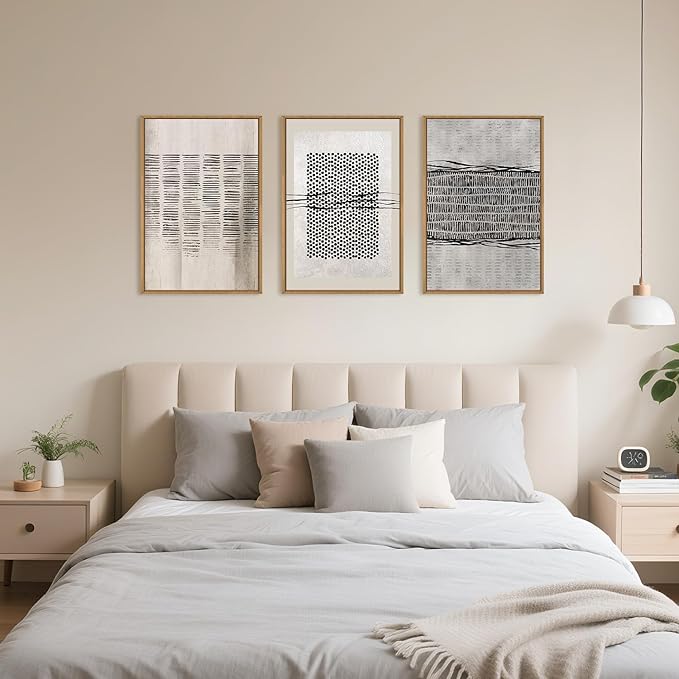 Large Abstract Black and Beige Framed Canvas Wall Art,Minimalist Geometric Lines Wall Decor,Cozy Neutral Shapes Artwork,Modern Lines Dots Art Print for Living Room,Bedroom,Office-16 x24 x3