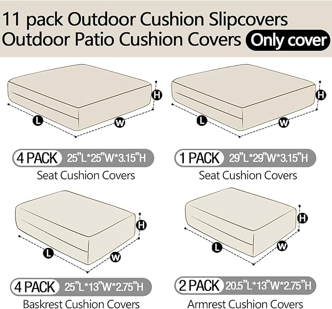 11Pieces Patio Cushion Covers Replacement,Waterproof Outdoor Cushions Covers for 6-Seaters Sofa,Slipcovers Set with Zippers,Washable Cover Only(Dark Grey)