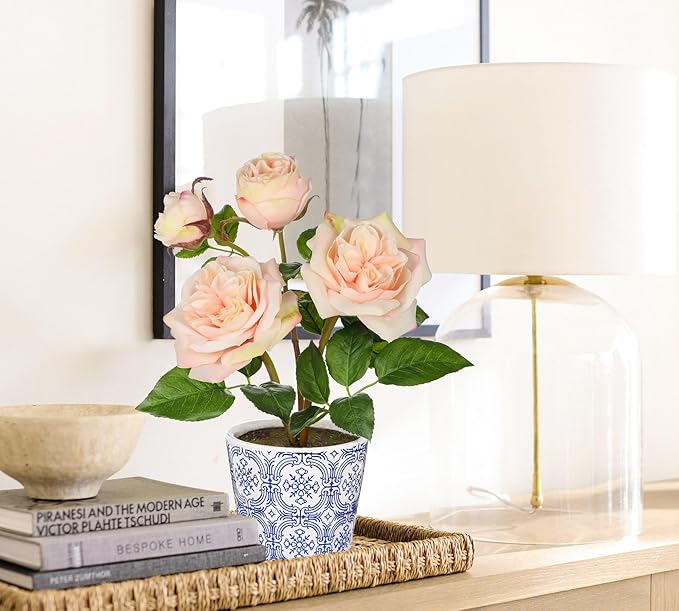 Hollyone Light Pink Roses Artificial Flowers in Blue and White Porcelain Vase 13.4" Fake Roses Flower Arrangement Artificial Plants & Flowers Potted Faux Silk Rose Flower with Ceramic Pot Home Decor